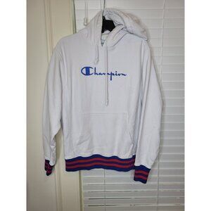 VTG Mens Champion White Crewneck Sweatshirt S blue Ribbing Graphic Retro
